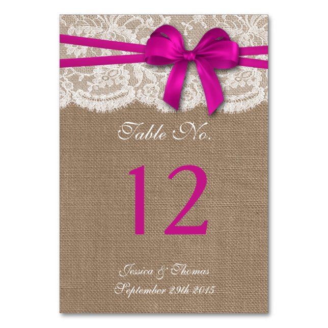The Rustic Pink Bow Wedding Collection Table Number (Front)