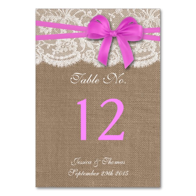 The Rustic Pink Bow Wedding Collection Table Number (Front)