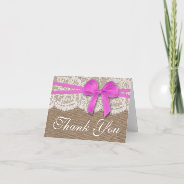 The Rustic Pink Bow Wedding Collection Thank You Card (Front)