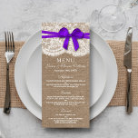 The Rustic Purple Bow Wedding Collection Menu Card<br><div class="desc">The rustic purple bow wedding collection is a stunning design featuring a lovely rustic burlap effect background with a romantic vintage white lace effect trim and a stunning purple bow. These menus can be personalised for your special occasion and would make the perfect template for wedding menus, bridal shower menus,...</div>