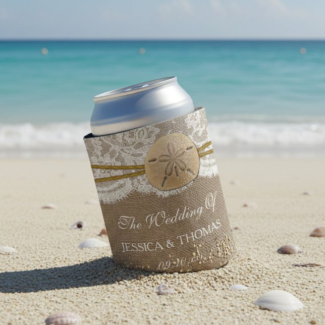 The Rustic Sand Dollar Beach Wedding Collection Can Cooler (Creator Uploaded)