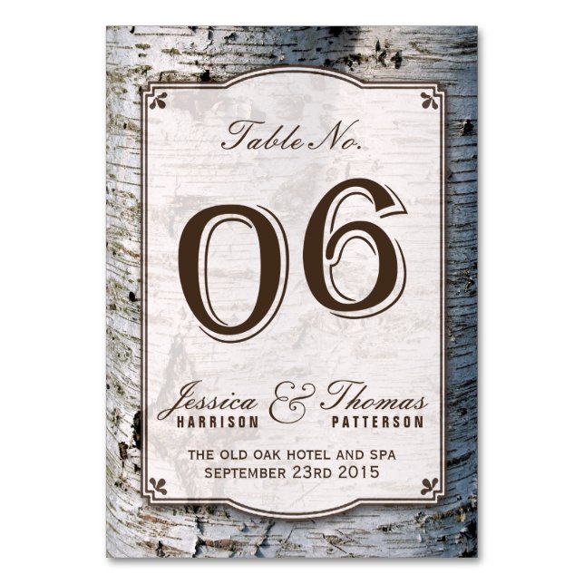 The Rustic Silver Birch Tree Wedding Collection 06 Table Number (Front)