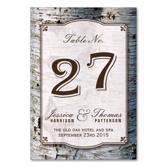 The Rustic Silver Birch Tree Wedding Collection 27 Table Number (Front)