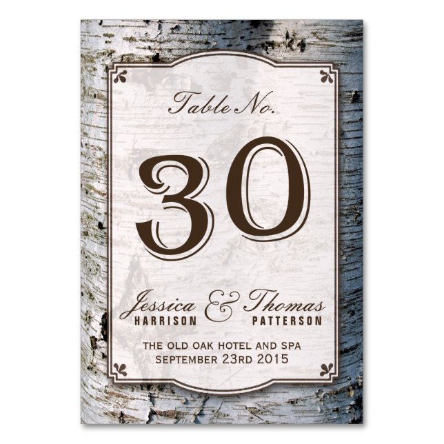 The Rustic Silver Birch Tree Wedding Collection 30 Table Number (Front)