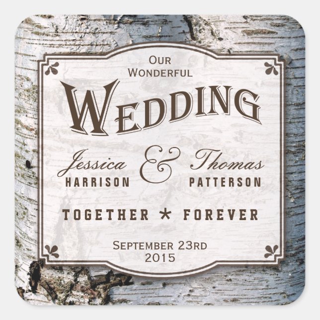 The Rustic Silver Birch Tree Wedding Collection Square Sticker (Front)