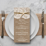 The Rustic Starfish Wedding Collection Menu Cards<br><div class="desc">The rustic starfish beach wedding collection is a stunning design featuring a lovely rustic burlap effect background with a romantic vintage white lace effect trim finished with a stunning starfish and twine. These menu cards can be personalised for your special occasion and would make the perfect template for wedding menus,...</div>