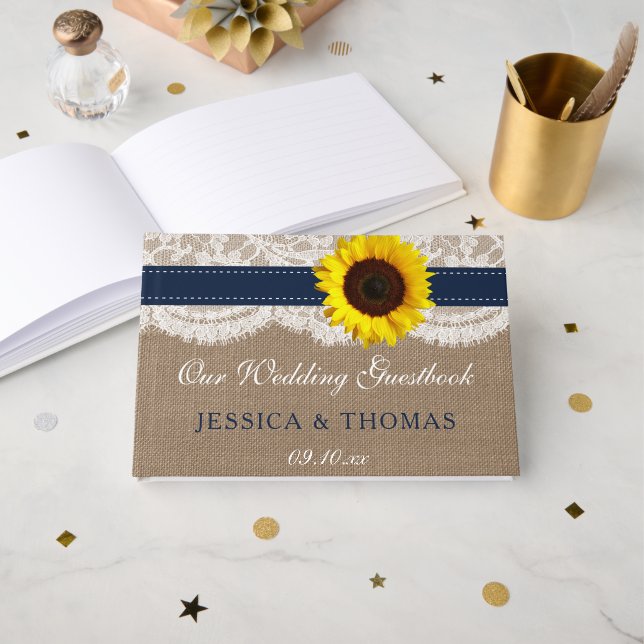 The Rustic Sunflower Wedding Collection - Navy Guest Book (Front Open)
