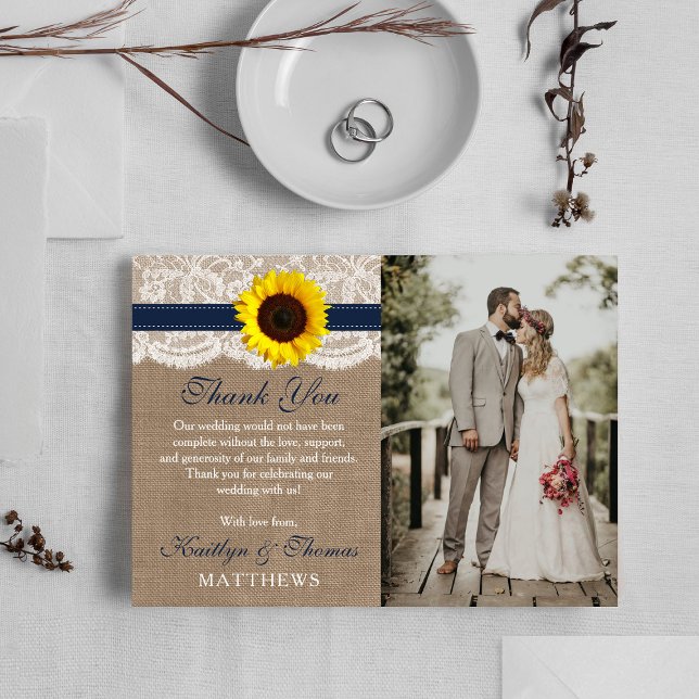 The Rustic Sunflower Wedding Collection - Navy Thank You Card (Creator Uploaded)