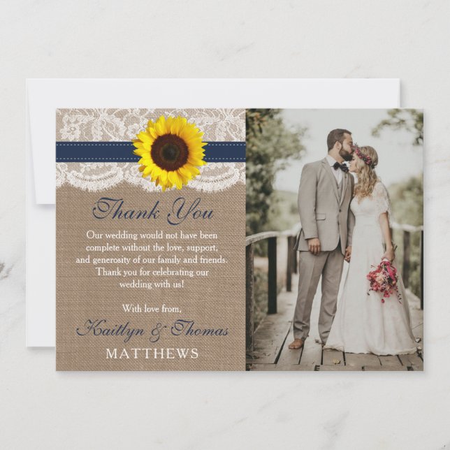 The Rustic Sunflower Wedding Collection - Navy Thank You Card (Front)