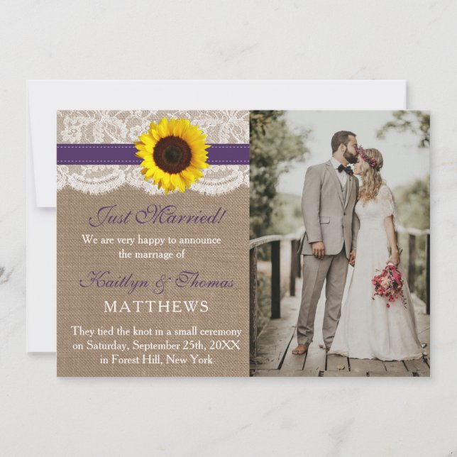 The Rustic Sunflower Wedding Collection - Purple Announcement (Front)