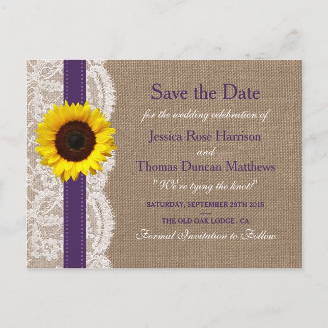 The Rustic Sunflower Wedding Collection - Purple Announcement Postcard (Front)
