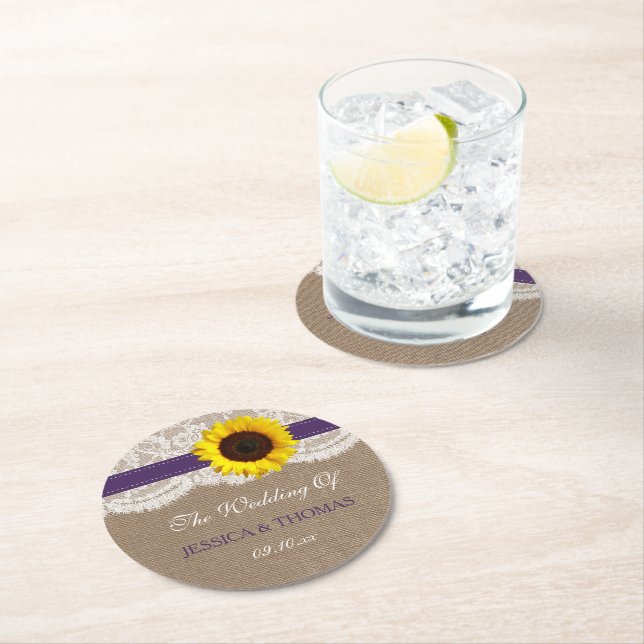 The Rustic Sunflower Wedding Collection - Purple Round Paper Coaster (Insitu)