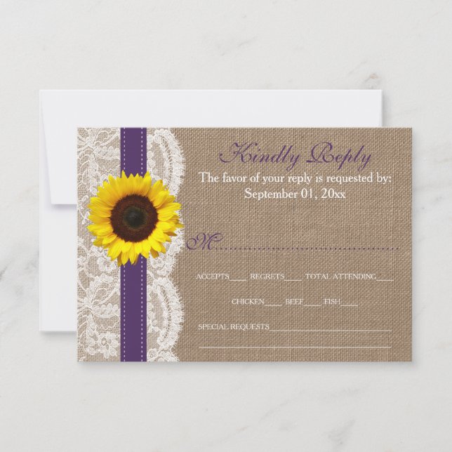 The Rustic Sunflower Wedding Collection - Purple RSVP Card (Front)