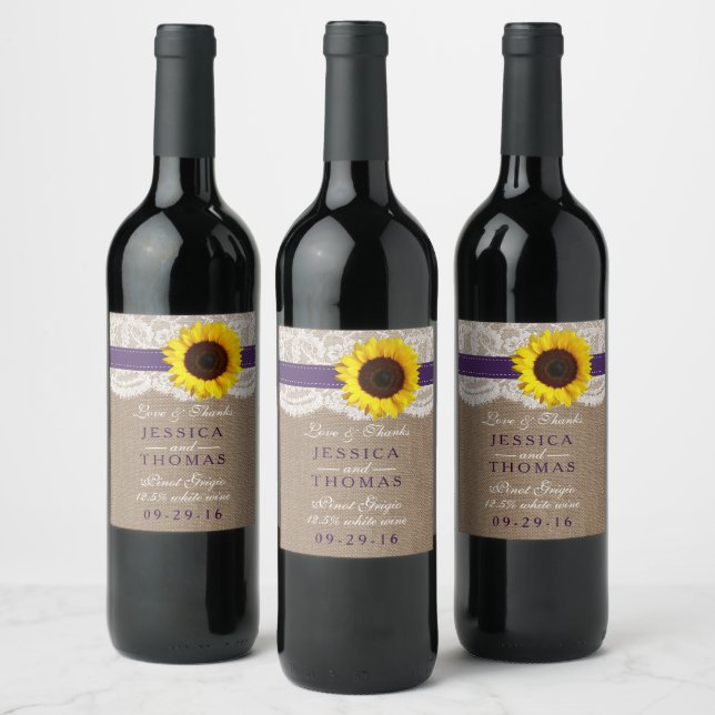 The Rustic Sunflower Wedding Collection - Purple Wine Label (Bottles)