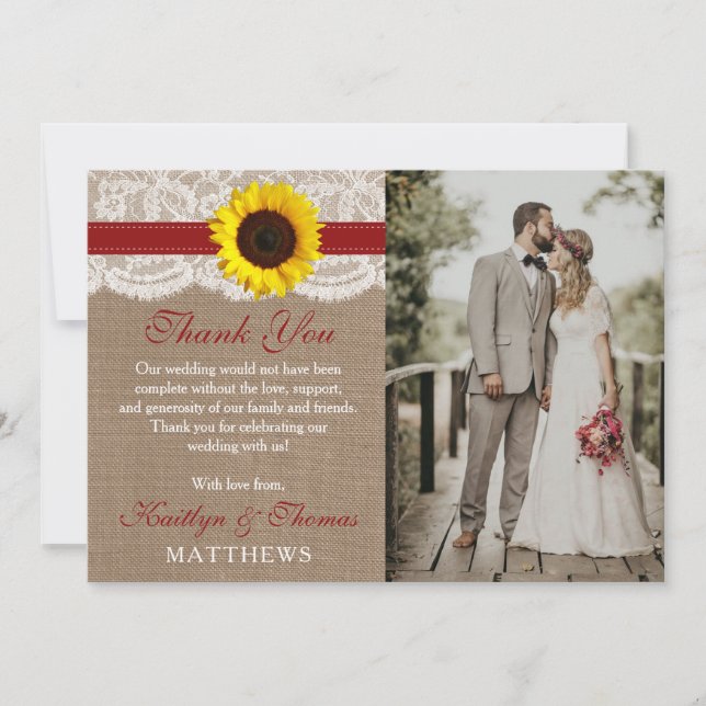 The Rustic Sunflower Wedding Collection - Red Thank You Card (Front)