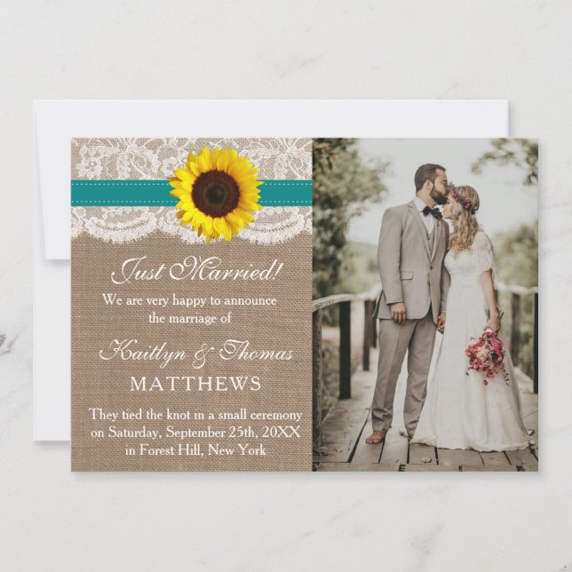 The Rustic Sunflower Wedding Collection - Teal Announcement (Front)