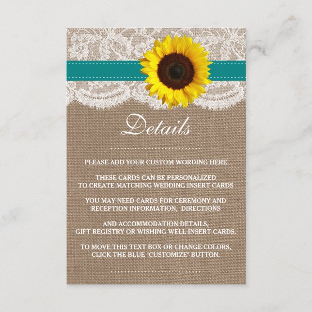 The Rustic Sunflower Wedding Collection - Teal Enclosure Card (Front)