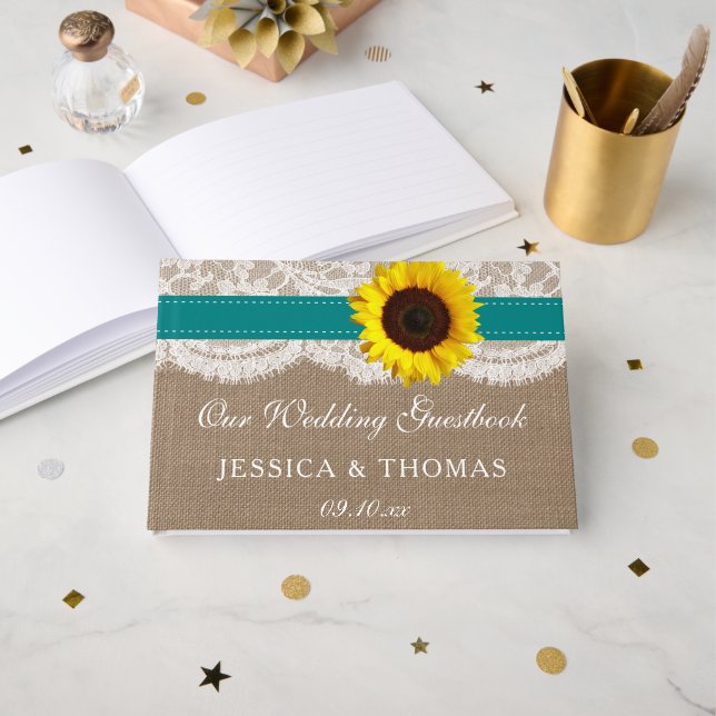 The Rustic Sunflower Wedding Collection - Teal Guest Book (Front Open)