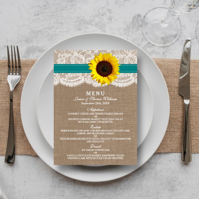 The Rustic Sunflower Wedding Collection - Teal Menu (Creator Uploaded)