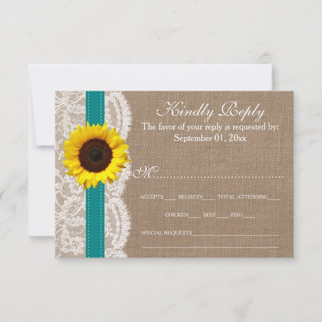 The Rustic Sunflower Wedding Collection - Teal RSVP Card (Front)