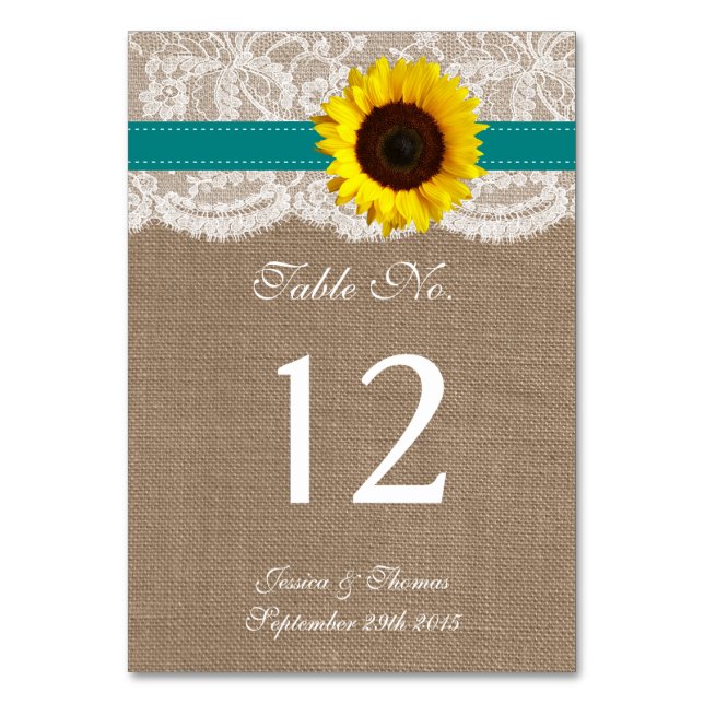 The Rustic Sunflower Wedding Collection - Teal Table Number (Front)