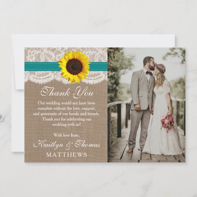 The Rustic Sunflower Wedding Collection - Teal Thank You Card (Front)