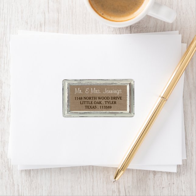 The Rustic White Frame & Burlap Wedding Collection Label (Insitu)