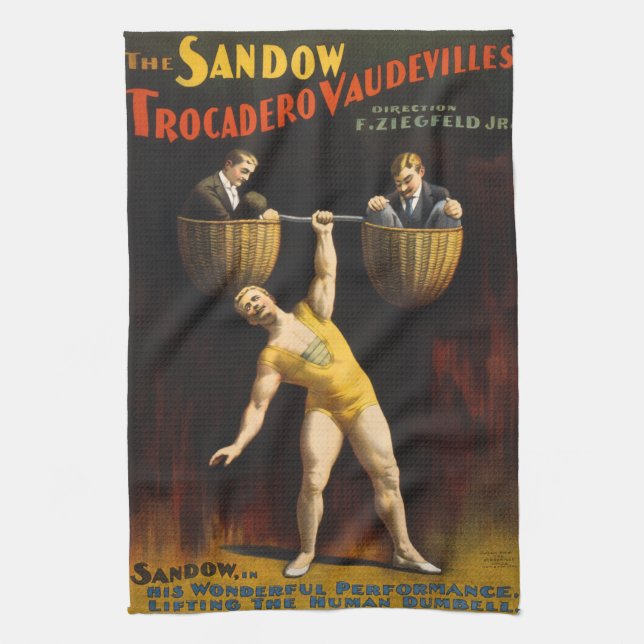 The Sandow Eugen Sandow Vaudeville Weightlifter  Tea Towel (Vertical)
