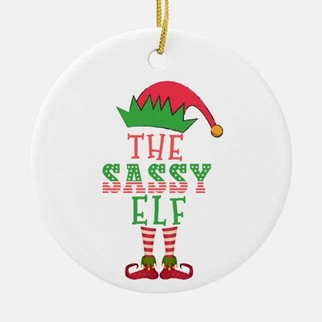 The Sassy Elf Christmas Family Matching Pajama Ceramic Ornament (Front)
