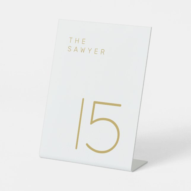 The Sawyer 15 Gold and White Table Number Pedestal Sign (Front)