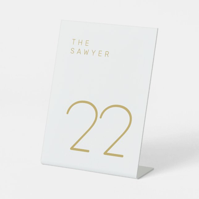 The Sawyer 22 Gold and White Table Number Pedestal Sign (Front)