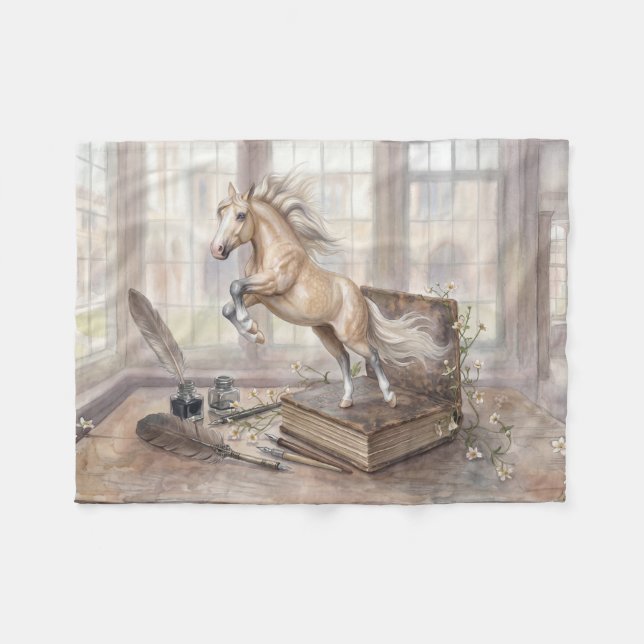 The Scholar Horse Leaping from a Book Fleece Blanket (Front (Horizontal))
