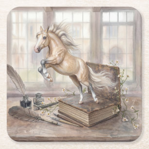 The Scholar Horse Leaping from a Book Square Paper Coaster