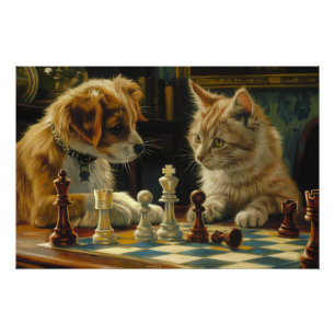 The Scholars' Standoff   Cat and Dog Playing Chess Poster