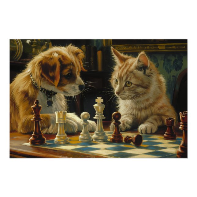 The Scholars' Standoff | Cat and Dog Playing Chess Poster (Front)