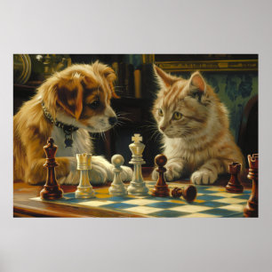 The Scholars' Standoff   Cat and Dog Playing Chess Poster