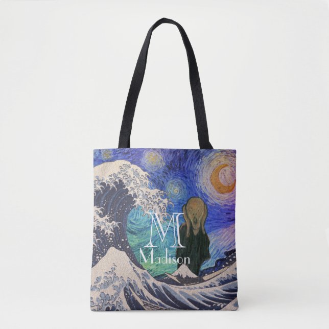 The Scream at The Great Wave Starry Night Tote Bag (Front)