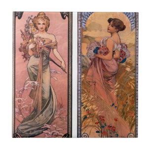 The seasons (Spring, Summer) by Alphonse Mucha Ceramic Tile