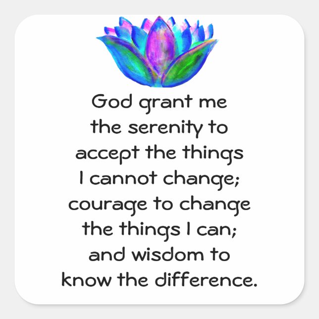 The Serenity Prayer with Colourful Lotus Blossom Square Sticker (Front)
