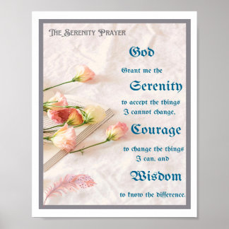 The Serenity Prayer with Flowers, Book and Feather Poster