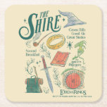 THE SHIRE™ Watercolor Collage Graphic Square Paper Coaster<br><div class="desc">Celebrate the simple comforts and grand adventures of The Shire™ with this charming Lord of the Rings™ collage design. Featuring a delightful collection of illustrated icons — including the One Ring, a Gandalf's hat and pipe, a well-packed travel rucksack, a trusty sword, a cozy hobbit door, and even a nod...</div>