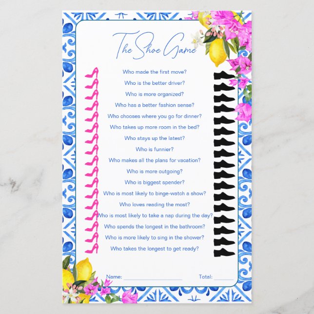 The shoe game Bridal Shower game (Front)