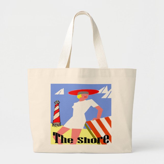 The Shore, Gal at Lighthouse Large Tote Bag (Front)