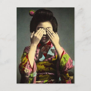 The Shy Geisha Vintage Old Japan Hand Coloured Postcard