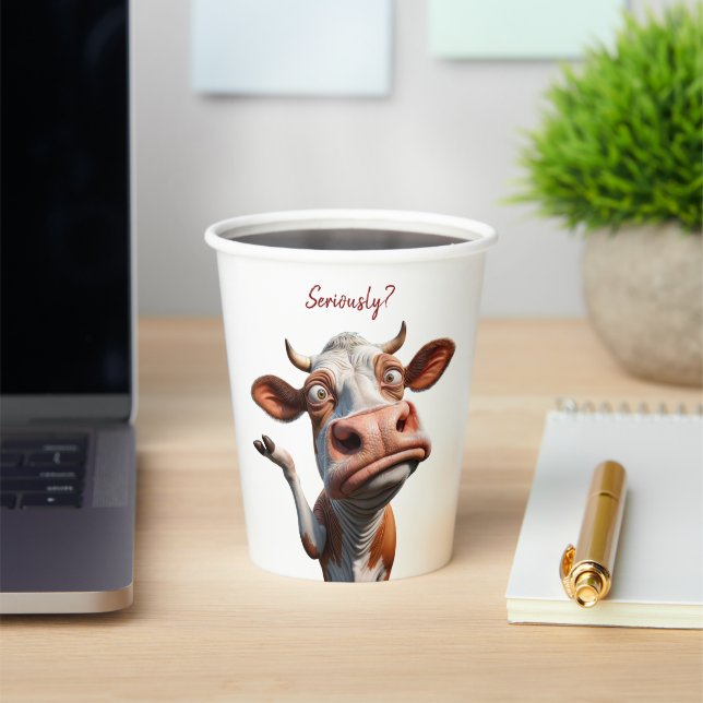 The Silly Cow - "Seriously?" Funny Quote Design Paper Cups (Insitu)