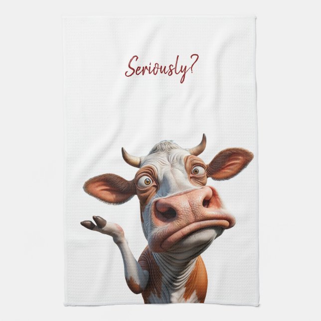 The Silly Cow - "Seriously?" Funny Quote Design Tea Towel (Vertical)