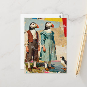 The Silly Puffin Couple Collage Postcard