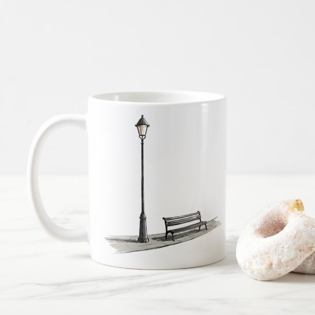 The Simple Street Lamp And Inviting Bench Coffee Mug (With Donut)
