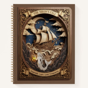 The Siren's Call Nautical Mermaid Wood Carved Notebook