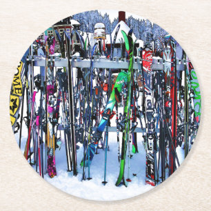 The Ski Party - Skis and Poles Round Paper Coaster